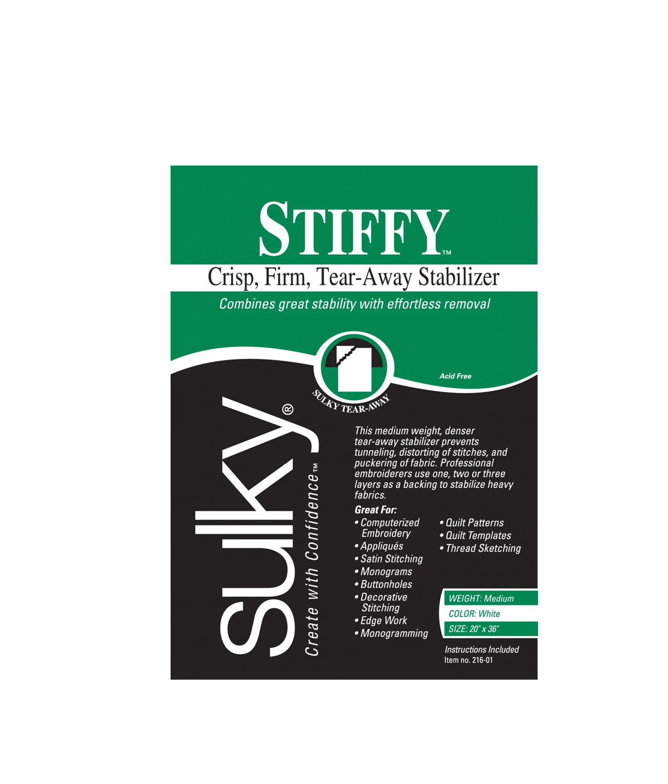 Stiffy - tear away stabilizer- by Sulky - 20 x 36 - medium white