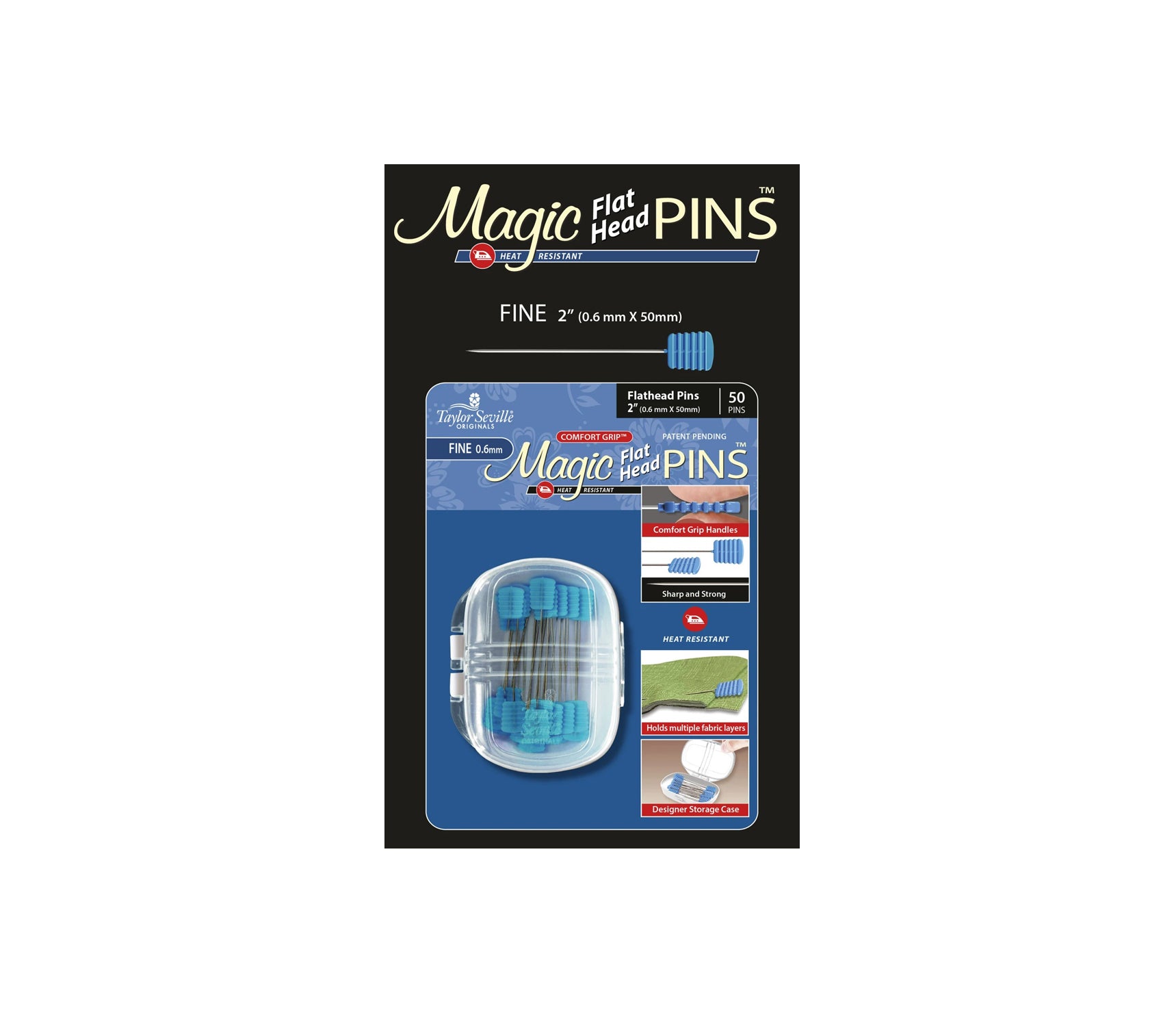 Magic Pins - Flat head Pins Fine .6mm - Flat blue ends, 2" 50ct.