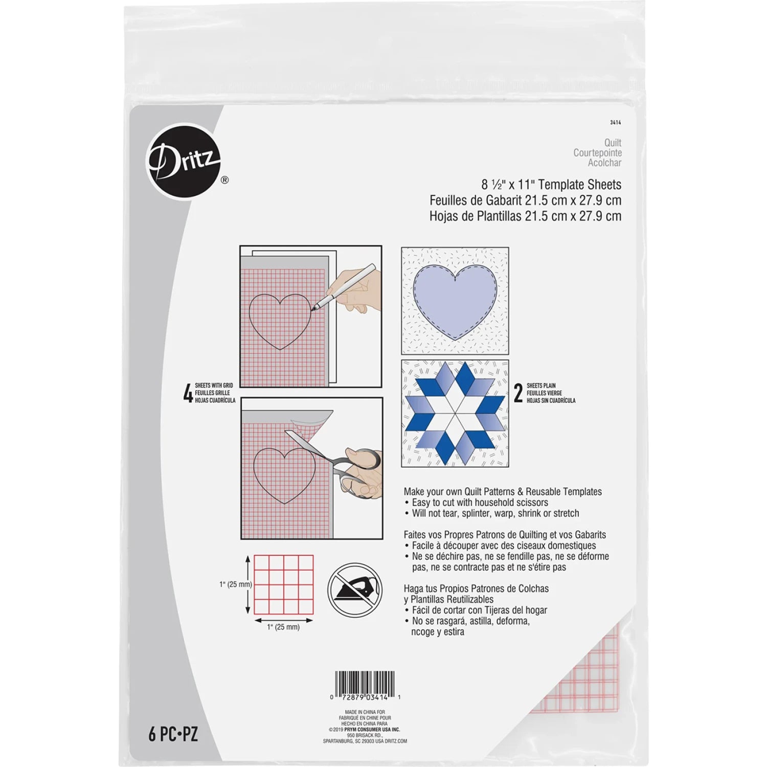Template Sheet Plastic - 6Ct.- Dritz - 4 grid sheet, 2 plain