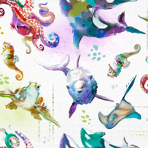 Shining Sea - Allover Sea Life- White - colorful sea creatures on white