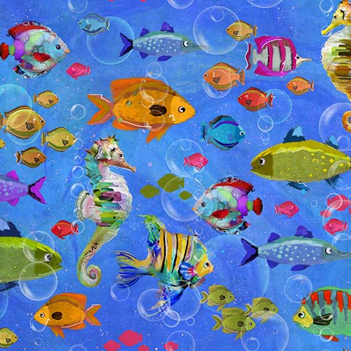 Shining Sea - Fishes Galore -Multi - multi colored fishes & bubbles on blue
