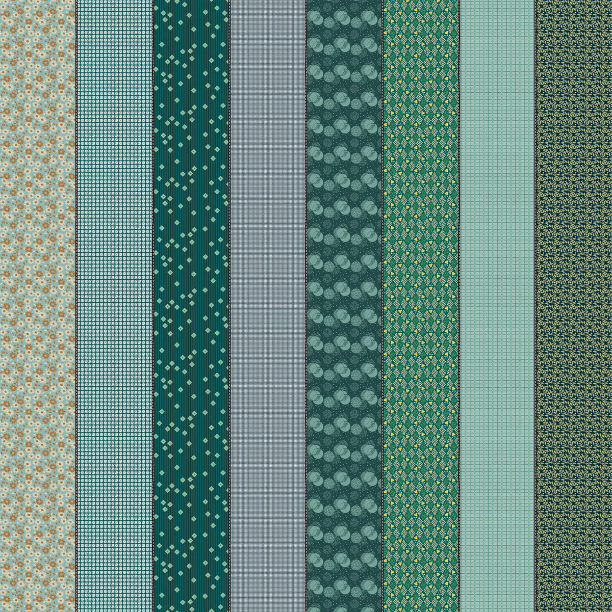 Eight 5" wide stripes with different patterns in shades of teal, green, blue, gray, and beige, arranged side by side, across a 40+" width of fabric.