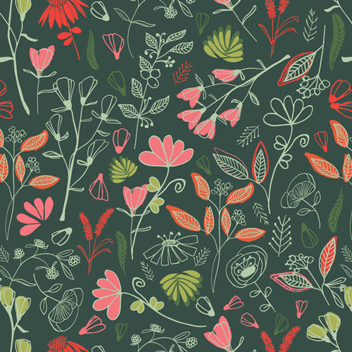 Dew and Moss - Glowy Bosque -Green - cream, red & pink floral sketches on green