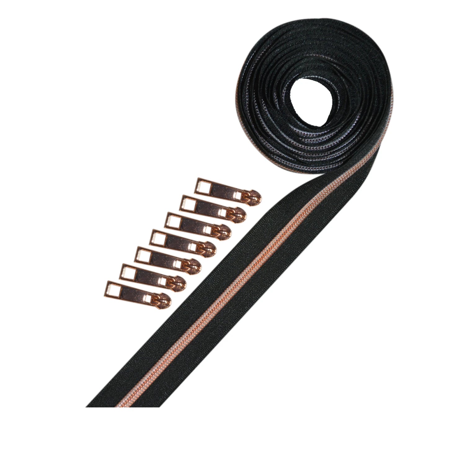 Zipper Tape - Metallic RoseGold black tape 2.5yds. w/7 pulls