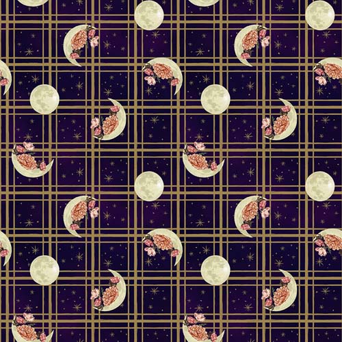 Midnight Rendezvous - Moons with flowers on plaid - Dk. Purple