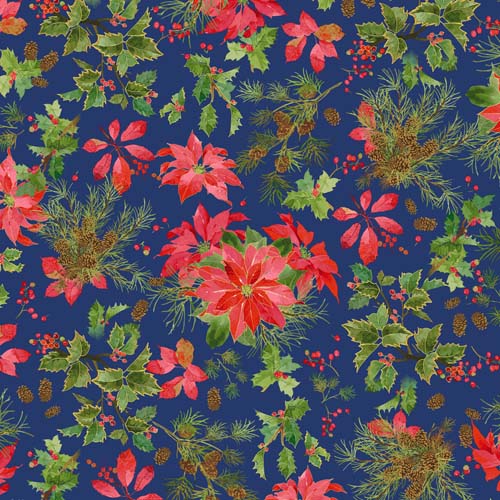 Winter's Eve - Poinsettias - Dark Denim Metallic - poinsettias on blue w/gold