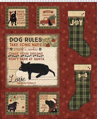 Christmas Tails - 1yd. PANEL -Dog Rules - Red