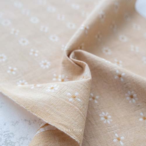 Forest Forage Woven - Daisy -Biscuit - White woven daisies on tan