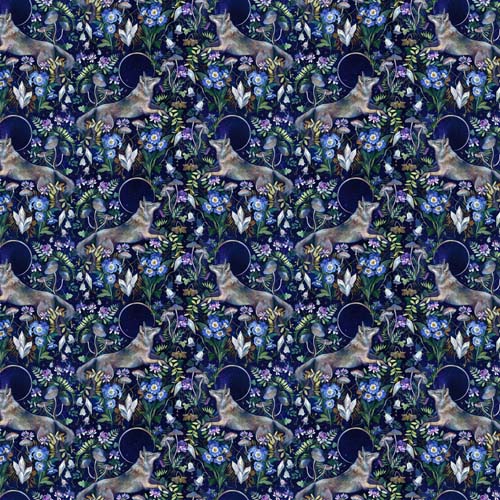 Full Moon -Wolves - Navy - wolves among flowers & moon on dark blue
