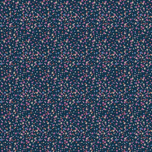 Pocket Posies- Petal Drift - Navy - scattered pink & red flowers on dk blue