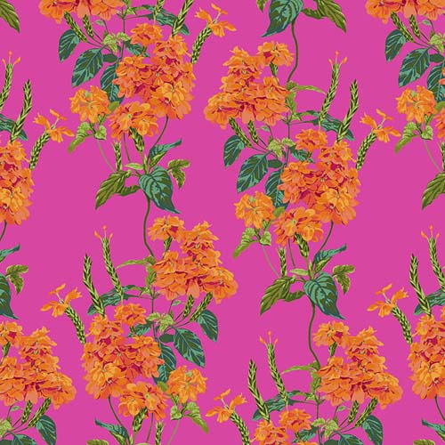 Fluent - Raiment - July - bright orange flowers on fuschia