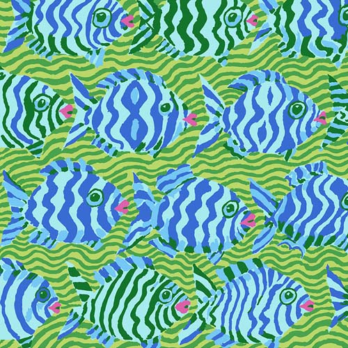 Kaffe Collective - August 2025 - Minnows - Lime - blue & aqua fish on lime green