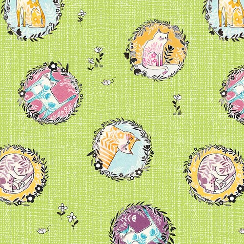 Here Kitty Kitty - Peek-a-boo- Green - cats in circles on green