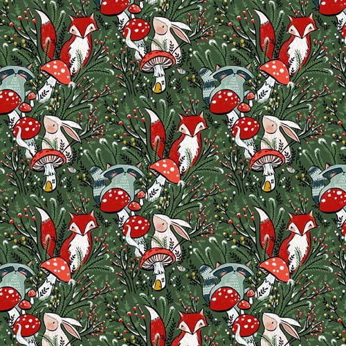 Enchanted Forest - In the Thick of It - Evergreen - forest animals on dk. green