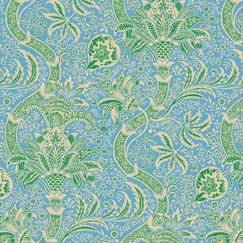 Kaffe x Morris & Co. - IndianAqua - green & tan floral on light blue