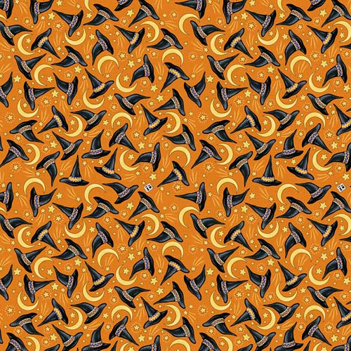 Spooky Cute - Hats and Moons -Orange - black hats on orange - Mary Engelbreit