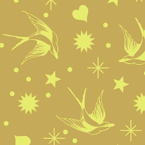 Neon True Colors - Neon Fairy Flakes -Moon Beam- Yellow birds & Stars-Tula Pink