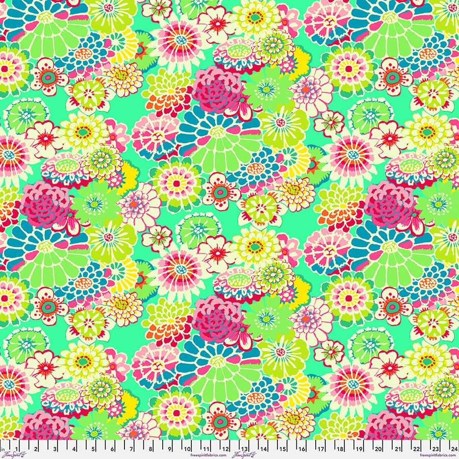 Asian Circles - Green - August 2023- flowers on lt green- Kaffe Fassett