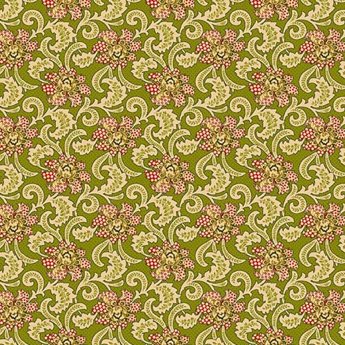 Baubles & Balsam -Holiday Foulard-Evergreen- cream&red floral on green-Kim Diehl