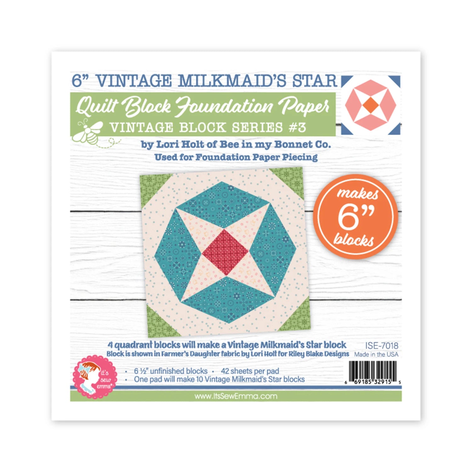 6" Vintage Milkmaid's Star -Quilt Block Foundation Paper by Lori Holt