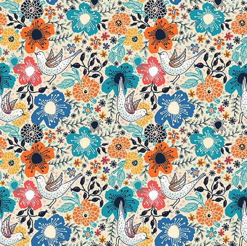 Whimsy - Garden Birds - Multi - Floral & birds on white - Jason Yenter