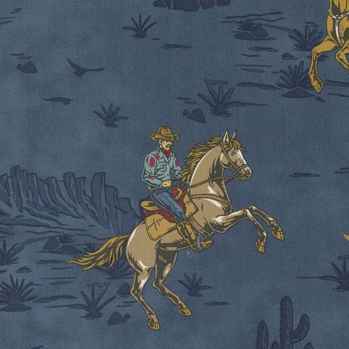Saddle Ranch -Wrangler Roundup - Blue Jeans - cowboy scenic on denim blue