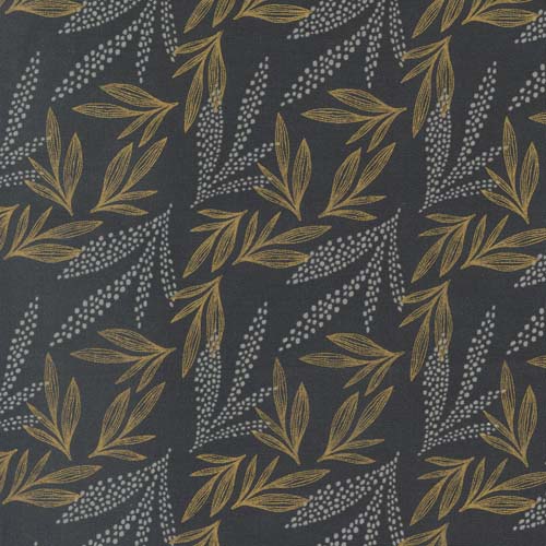 Woodland Wildflowers - Leaf Lore - Charcoal - gold & gray leaves on black