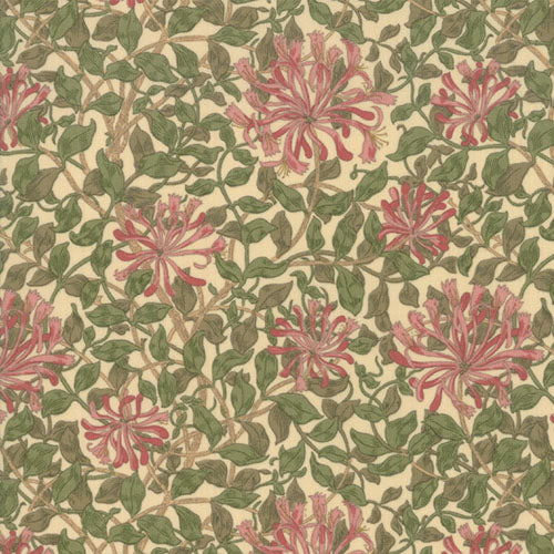 May Morris Studio-Honeysuckle- Cream-Pnk Blooms Among Green Leaves on Cream Back