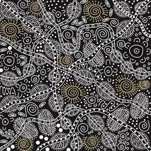 Australian Aboriginal Design - Bush Tucker- Black - white & gold design on black