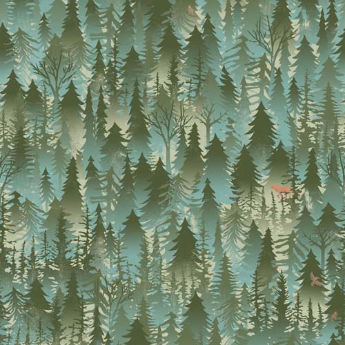 Forest Chatter - Forest - Green - packed pine trees w/ foxes & birds