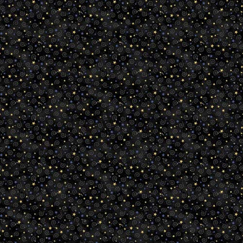 Hocus Pocus - Starry Sky Black - Blue & gold stars & gray swirls on black