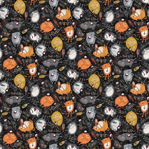 Whiskers & Wine - Cats - Black/Multi - tossed cats with wine on black