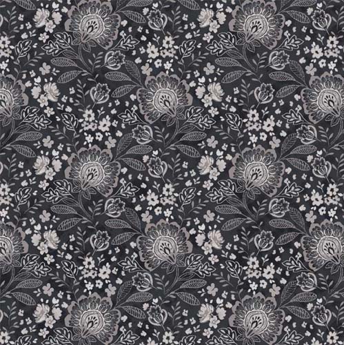 108" Wide Back - Elizabeth - Jacobean Allover- Black - gray floral on black