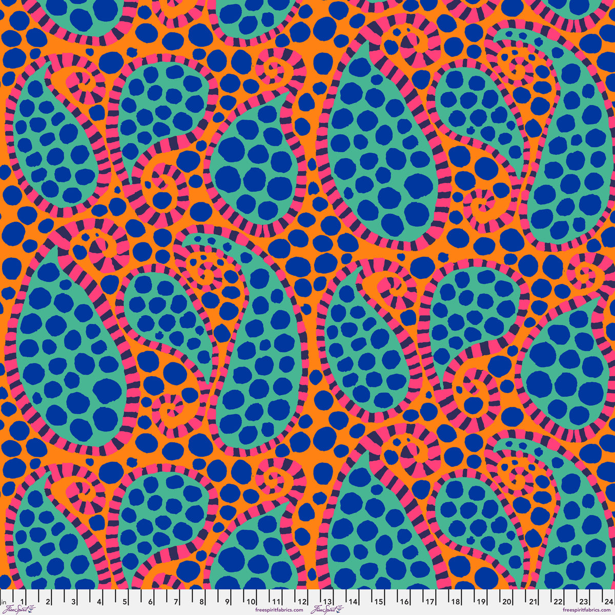 Paisley Dot - Orange - August2023- aqua paisleys on orange- Kaffe Fassett
