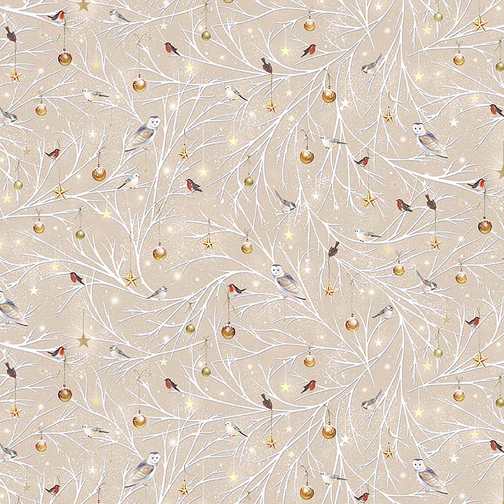 Woodland Wonder Flannel - Birds/Ornaments on a Branch - Taupe