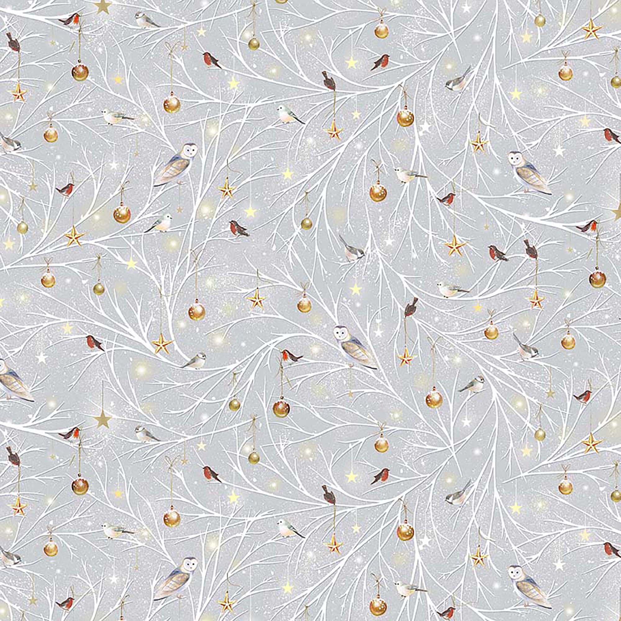 Woodland Wonder Flannel - Birds/Ornaments on a Branch - Gray