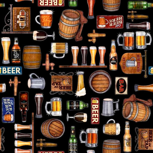 On Tap - Beer Motifs - Black - beers, mugs, barrels and signs on black
