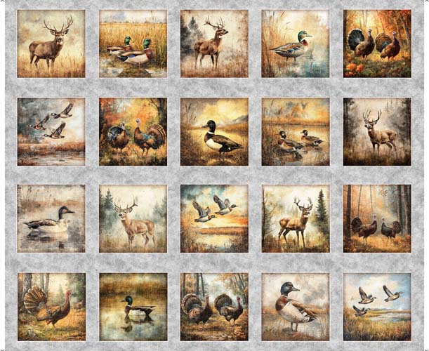 Forest, Field, and Stream - 1yd. PANEL - Wildlife Picture Patches - Gray