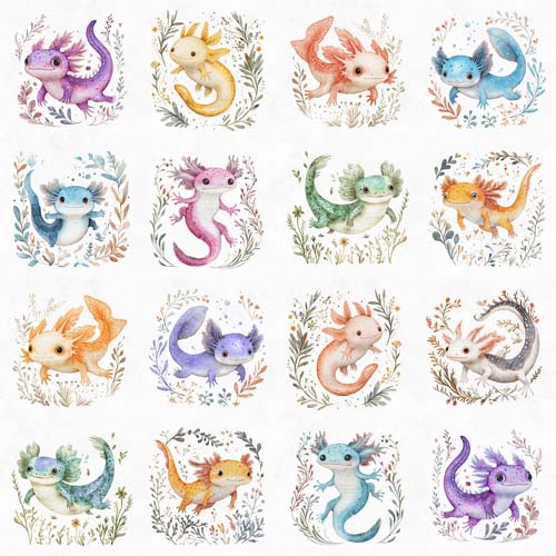 Cuties 2 - Axolotl Vignettes - White - colorful salamander patches 1/2yd repeat