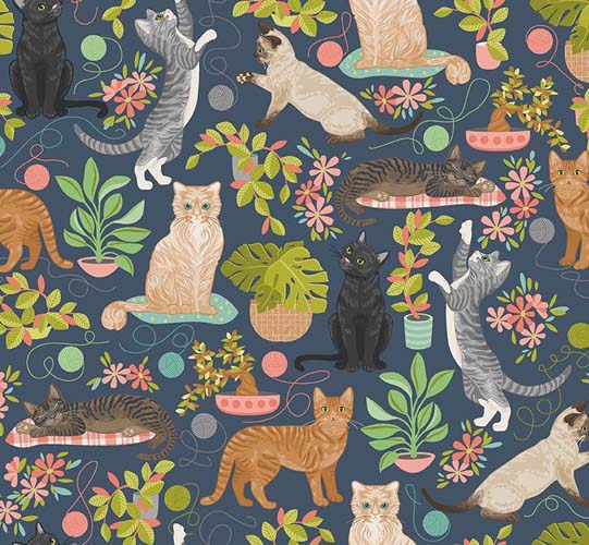 Curious Kittycats by Julie Lynch - Cats & Plants - Dark Blue
