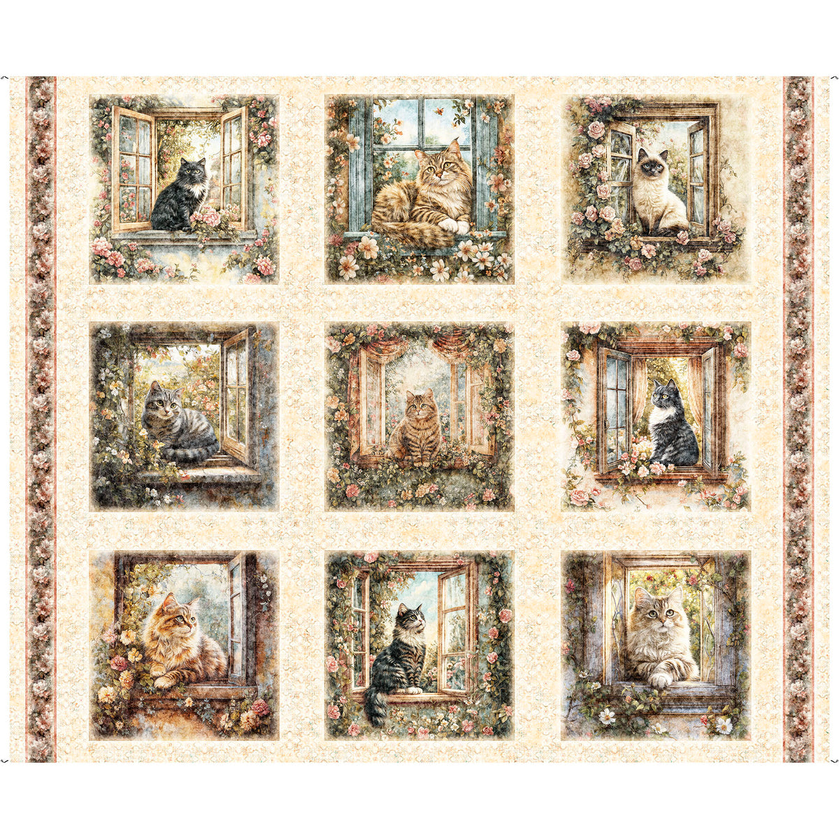 Purrfect Garden - PANEL - Cat Vignette Picture Patches - Cream