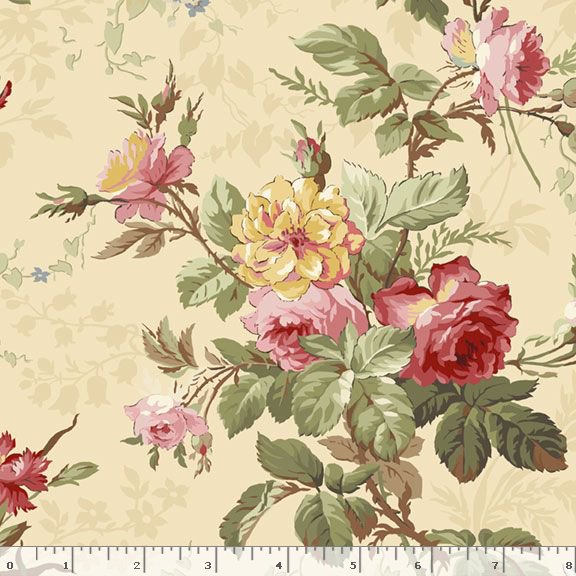 Kathleen's Story - Large Floral - Multi - pink, yellow & blue floral on cream