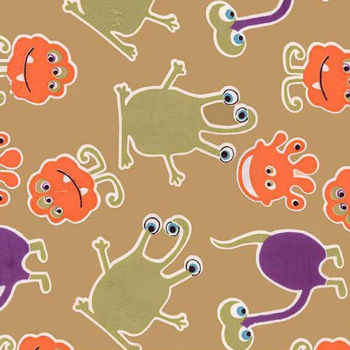 Batiks - Fright This Way - Sugar Cookie - googly eyed monsters on tan