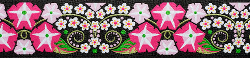 Rennaisance Ribbons - PinkFLowers with green on dark grey 1.5 inch wide