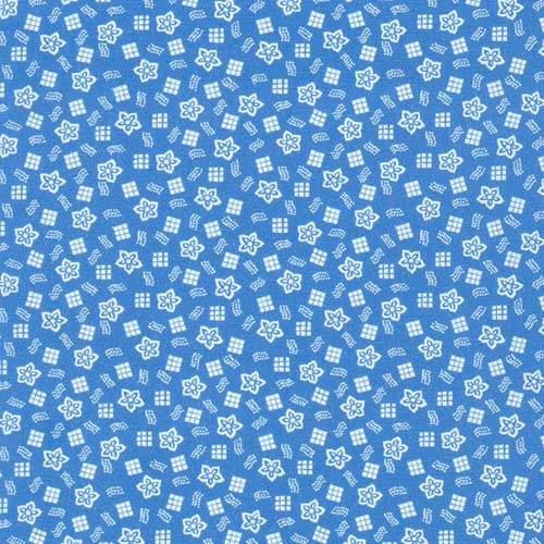 Flowerhouse: Sunnyside Farm -Blue -Small white flowers & squares on blue- 1930s