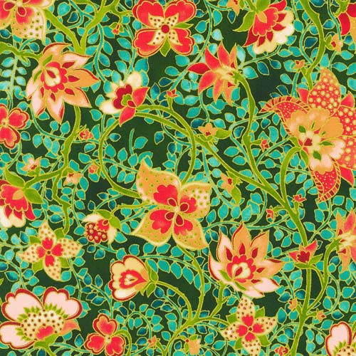 Jeweled Leaves - Meadow -Coral flowers & teal vines on dark green w/ gold