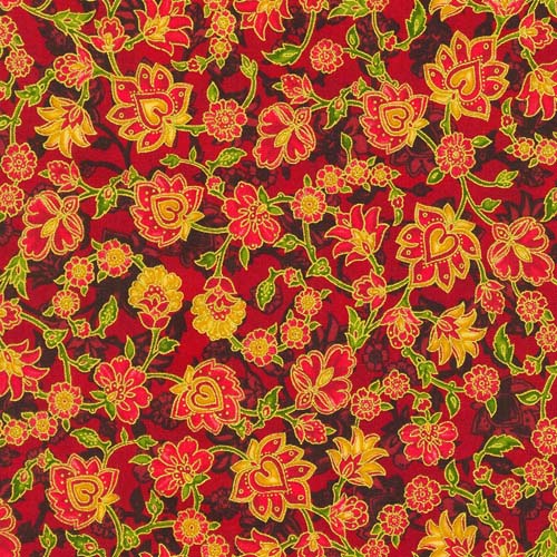 Jeweled Leaves- Crimson- Small red flowers on dark red w/gold metallic accents