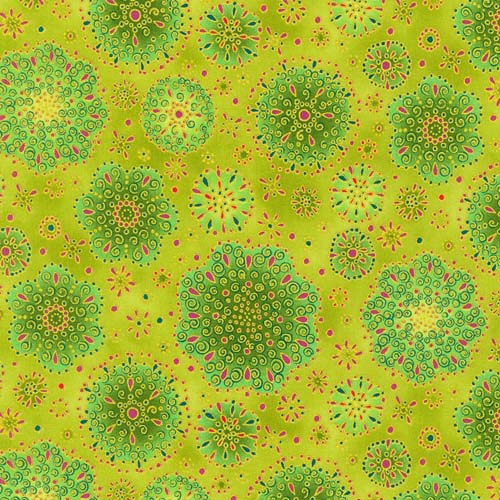 Jeweled Leaves - Peridot -Pink& green mandalas on green w/gold metallic accents