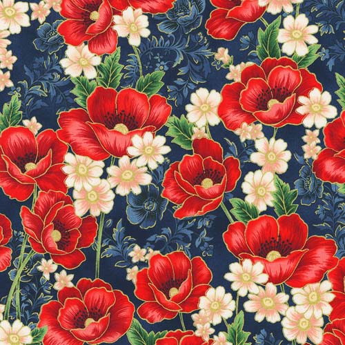 Poppy Hill - Bouquet - Red poppies & white flowers on dk blue w/ gold accents