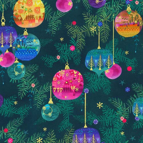 Holy Night - Ornaments -Spruce ornaments & branches on dk green w/ gold metallic